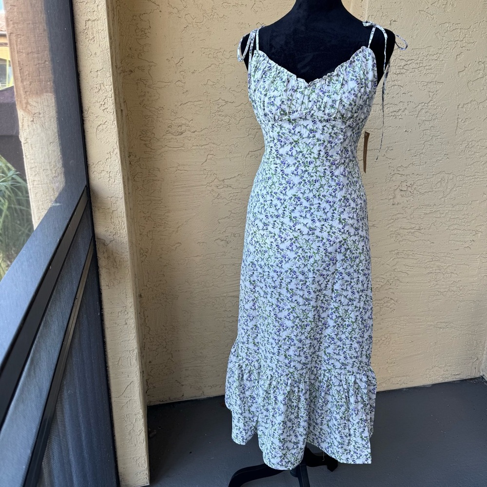 OPT Floral Midi Dress Sz S White Purple Ruffle Hem Feminine Summer Sundress NWT